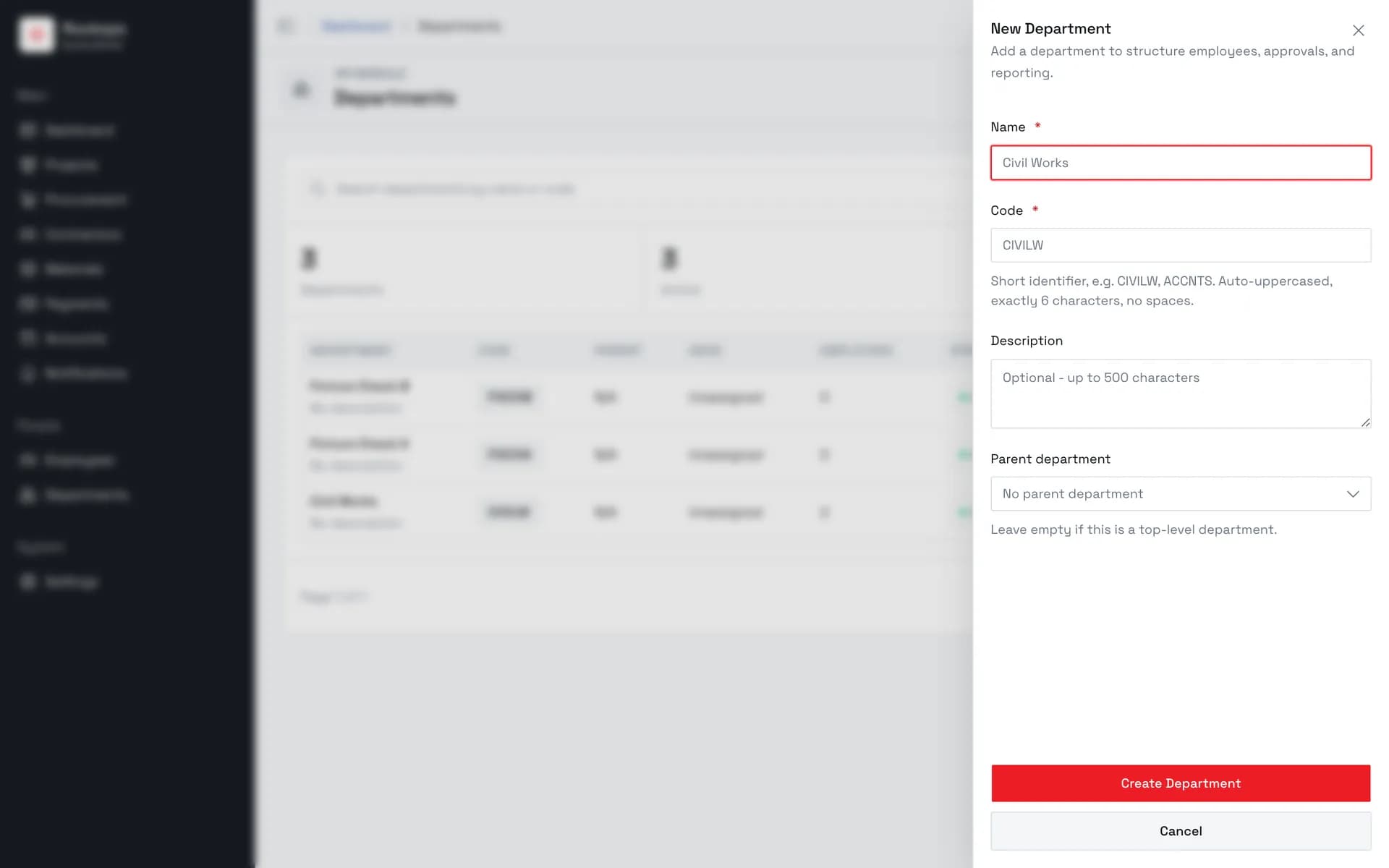Open the New Department form