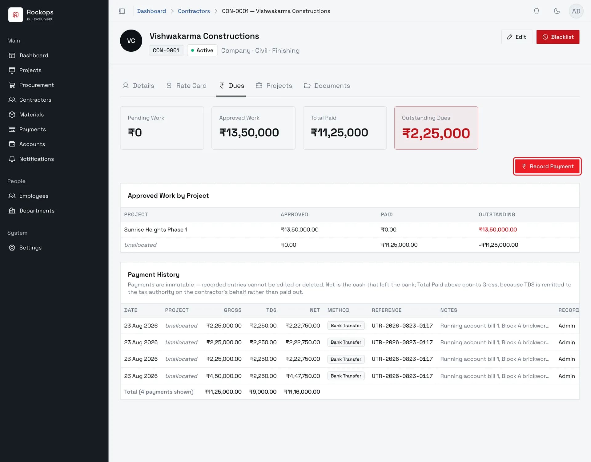 Open the contractor's Dues tab