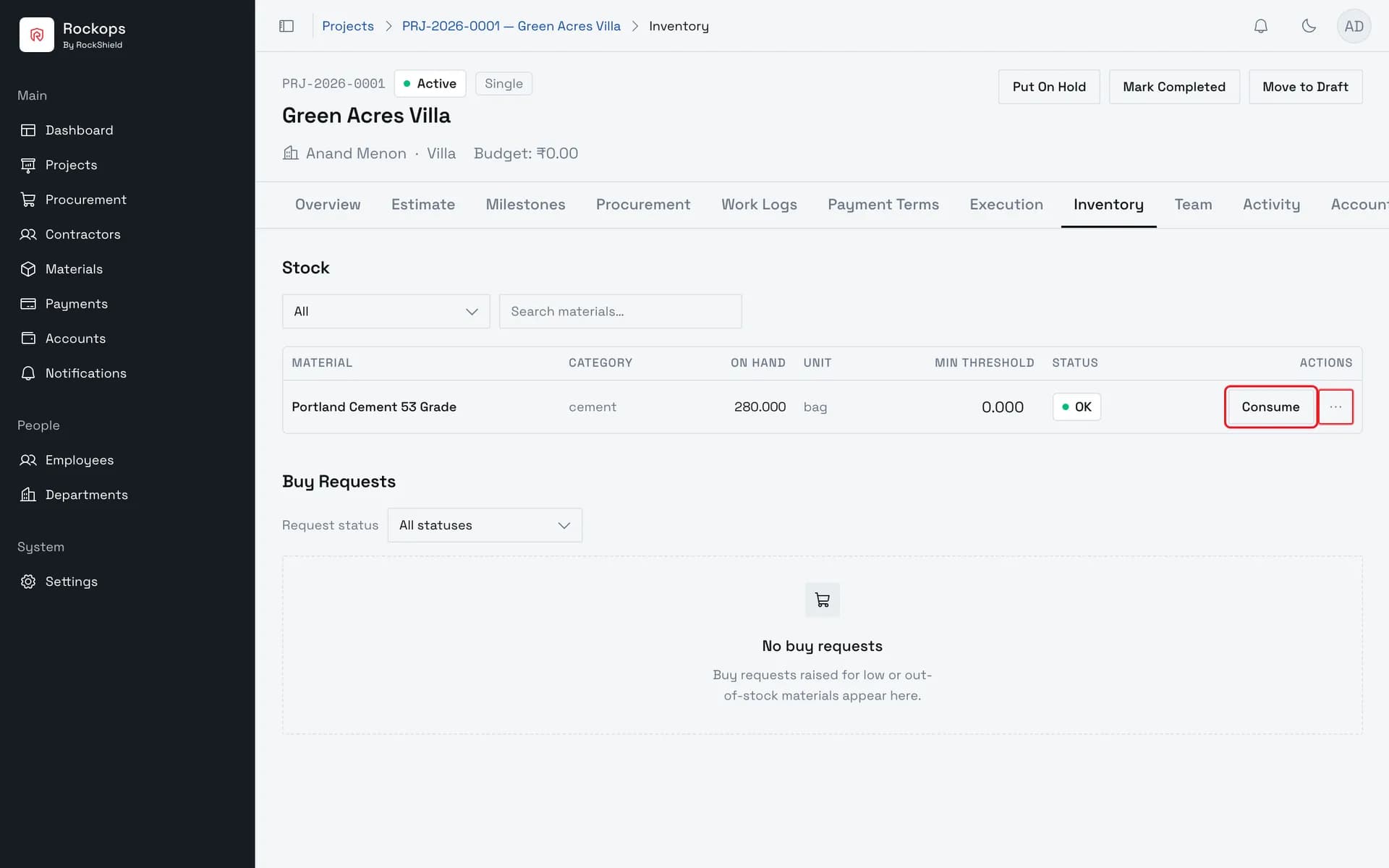 Open the project's Inventory tab