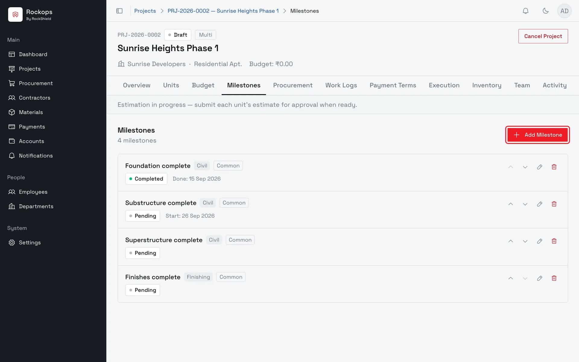 Open the project's Milestones tab