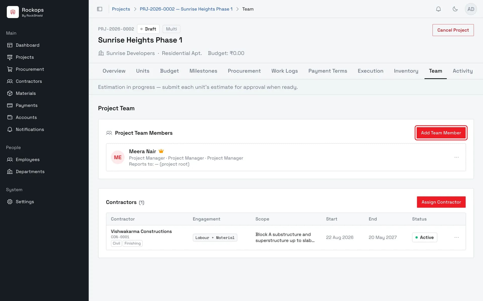 Open the project's Team tab
