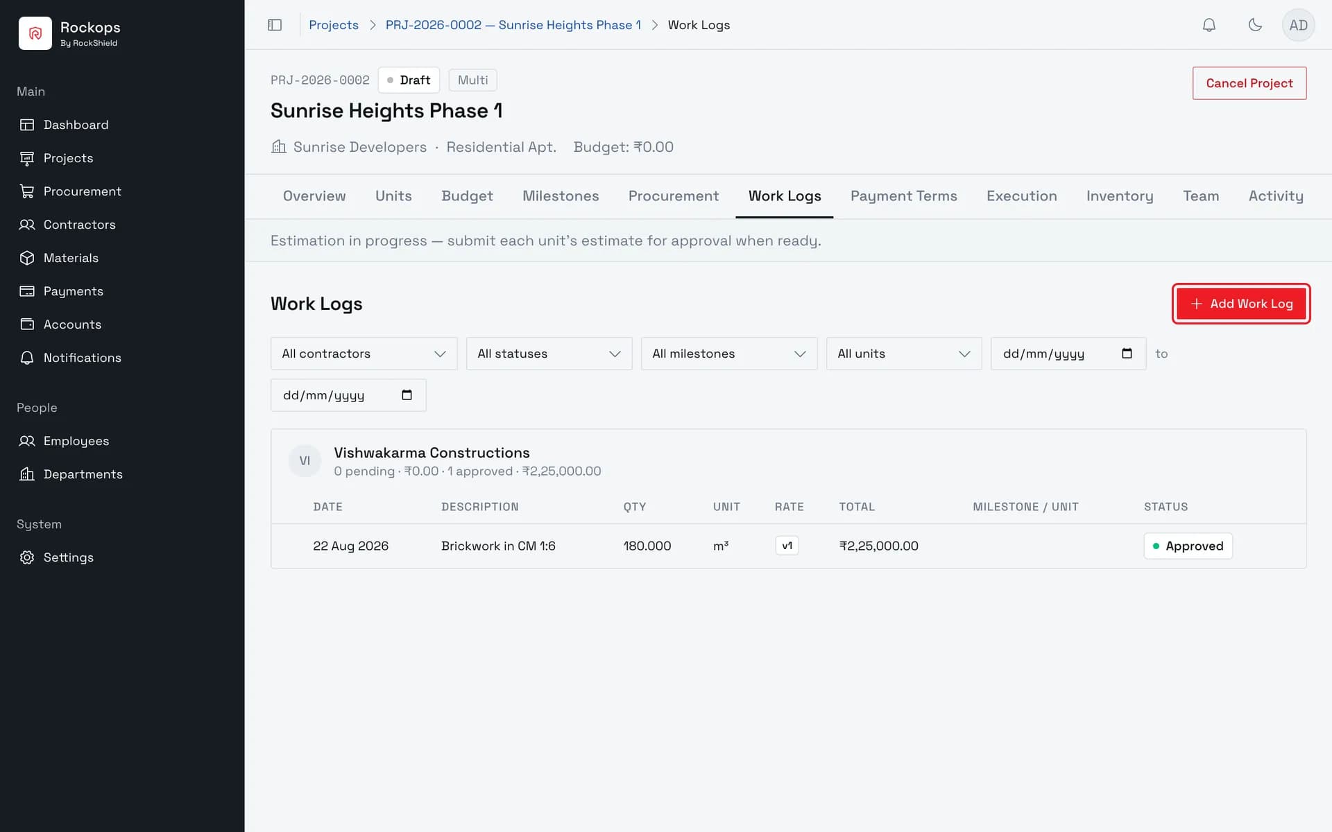 Open the project's Work Logs tab