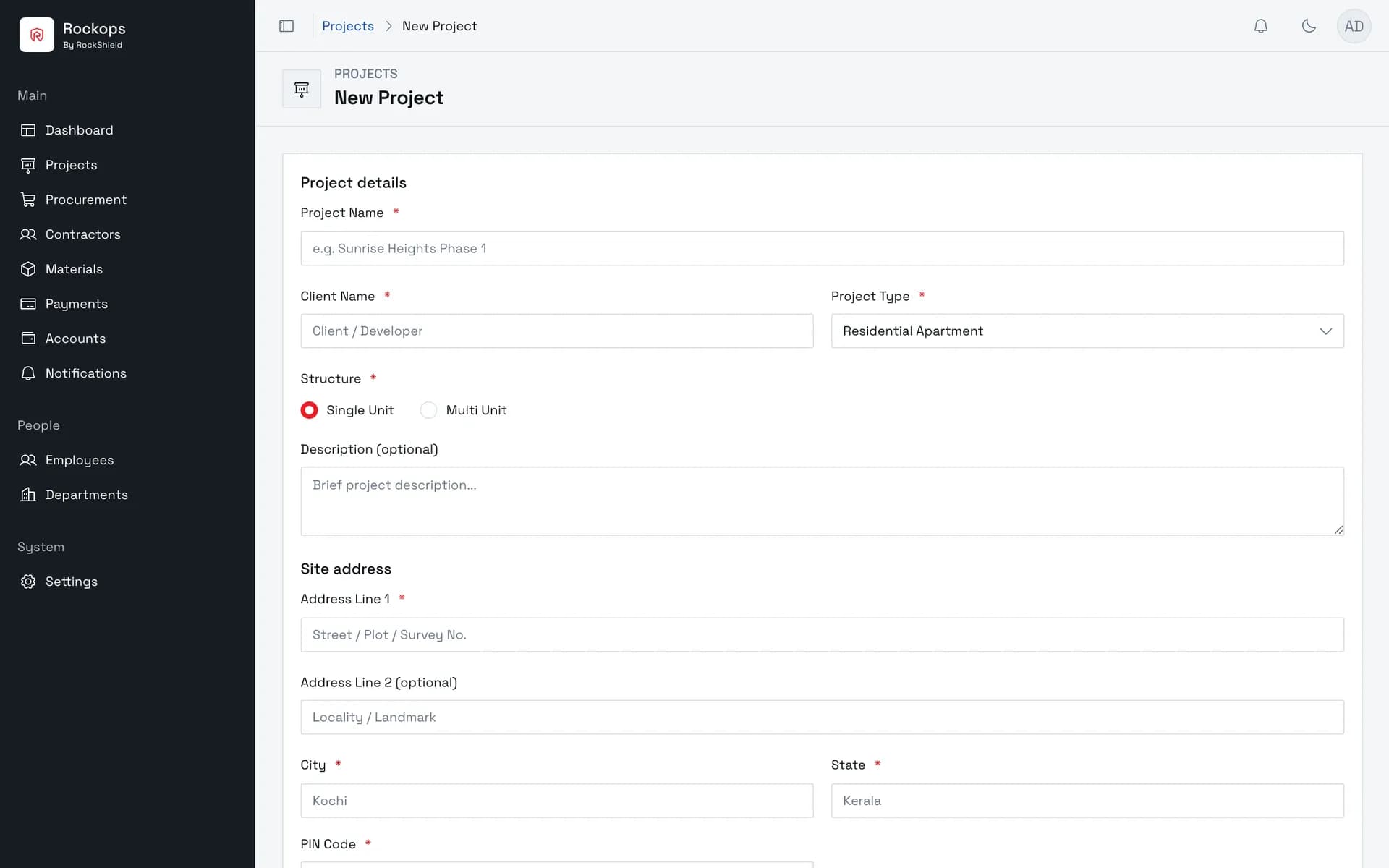 Open the New Project form