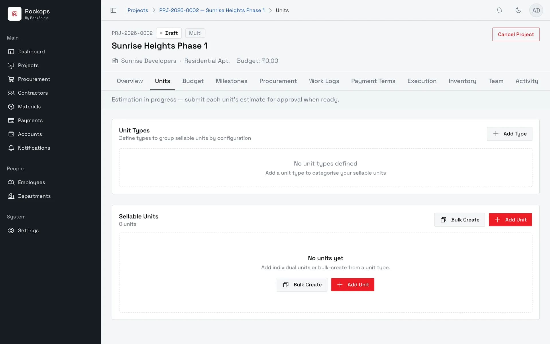 The project opens on unit setup